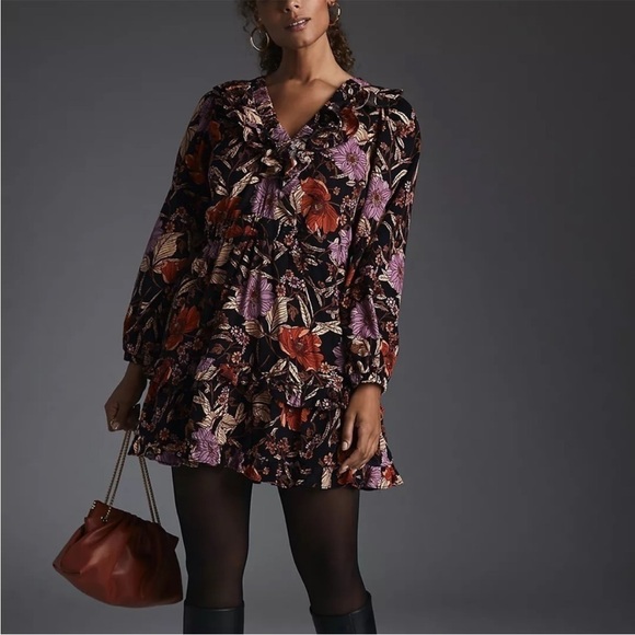 PILCRO TIERED CORDUROY RUFFLED FLORAL BOHO MINI DRESS medium BLACK long sleeve - Picture 2 of 15